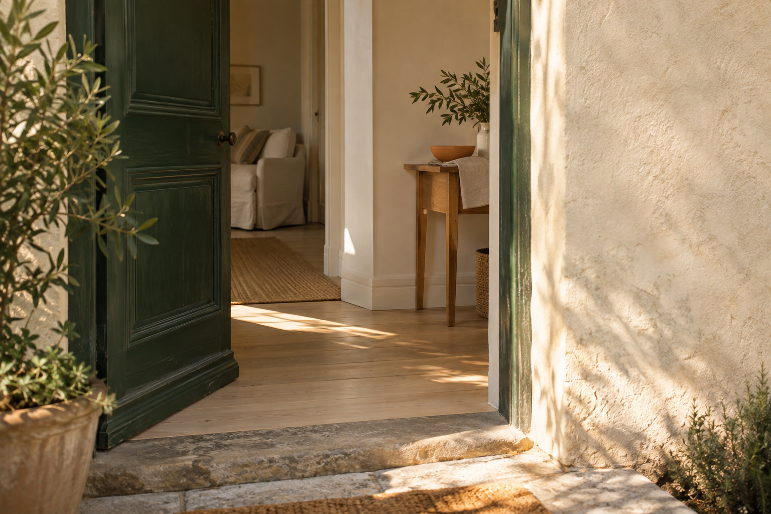 An open evergreen door and a thoughtfully prepared, sunlit apartment.